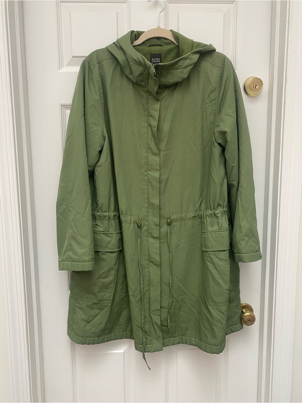 Eileen Fisher Olive Green Hooded Utility Anorak. Drawstring Waist, Flap Pocket-L